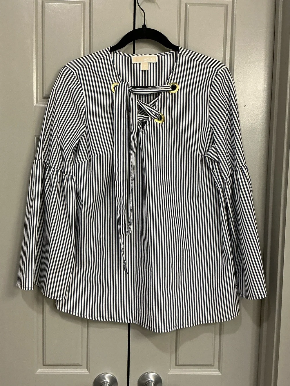 Michael Kors Blue White Stripe Lace-Up Bell Sleeve Blouse Size Medium